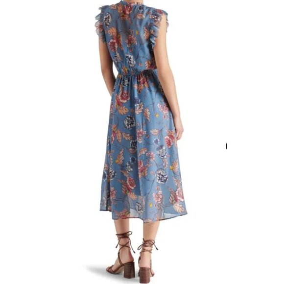 Steve Madden Allegra Floral Midi Dress Size M Cadet Blue - Picture 2 of 8